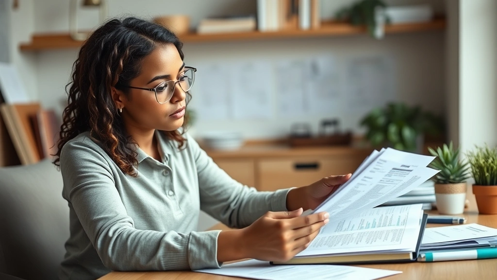 Single mother at a desk reviewing financial documents and bills, looking determined and empowered while planning her family's future independently
