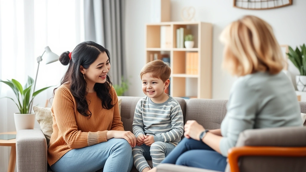 Family therapy session showing a caring therapist with a mother and child in a professional office setting, creating a safe space for emotional support and healing