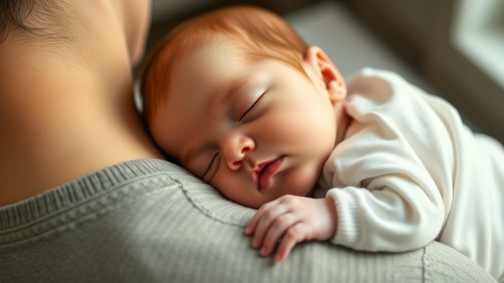 Close-up of a newborn baby girl wearing soft cotton onesie and light sleep sack, sleeping peacefully on parent's shoulder, warm natural lighting, tender parenting moment