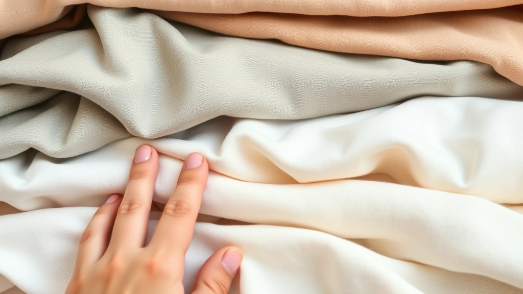 Close-up of various baby girl clothing fabrics and textures - organic cotton, bamboo, and soft materials arranged neatly with a mother's hand touching them thoughtfully