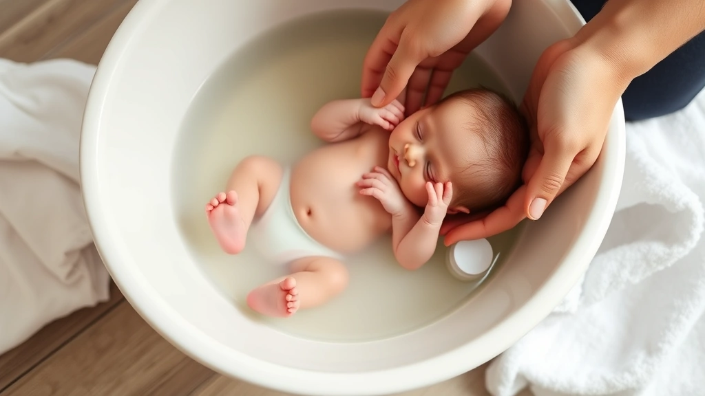 Newborn being gently bathed by parent's secure hands in shallow infant tub with warm water, soft towel nearby, calm nurturing moment