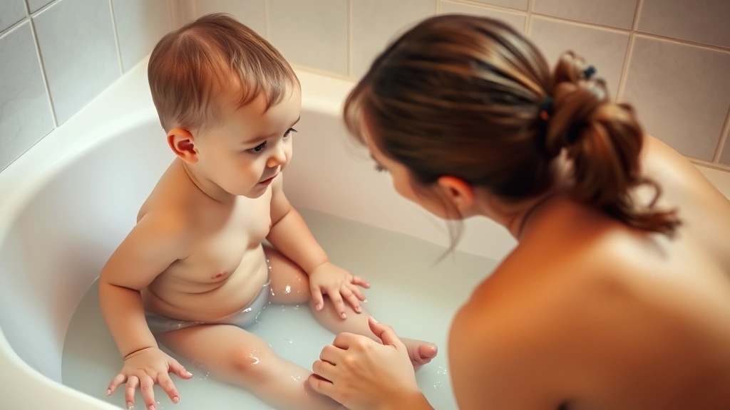 Attentive mother supervising young child in shallow bathtub with non-slip mat, maintaining close physical proximity and eye contact during supervised bath time