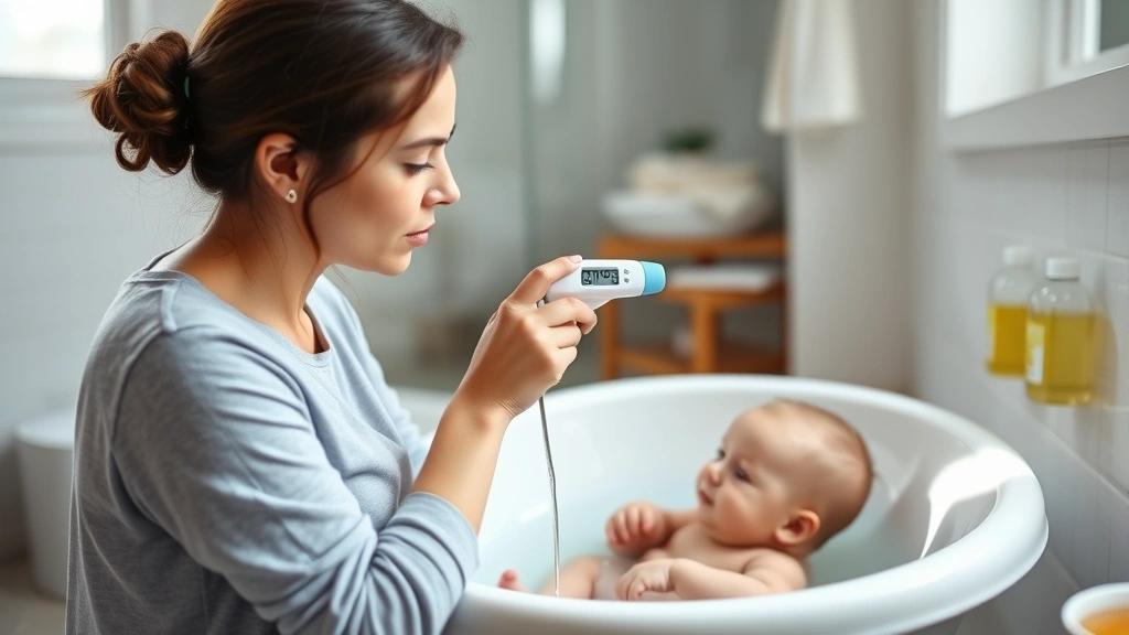 Mother carefully testing bathwater temperature with digital thermometer before placing baby in tub, focused expression, organized bathroom with supplies arranged within reach, natural daylight through bathroom window