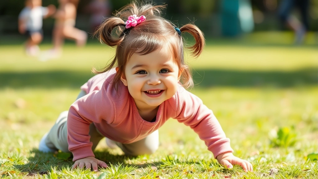 An active toddler girl playing and crawling in comfortable, well-fitting clothing during outdoor playtime, bright natural daylight, showing freedom of movement and happy expression