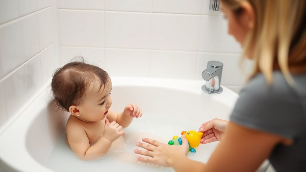 Parent supervising toddler's bath time with undivided attention, hands ready to support child, warm bathroom, bath toys visible, safety-conscious caregiving