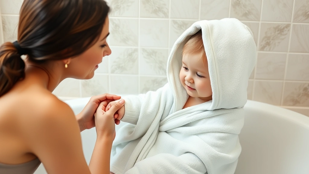 Parent gently patting toddler dry with soft towel after bath, applying fragrance-free moisturizer to baby's arm while child sits wrapped in oversized hooded towel