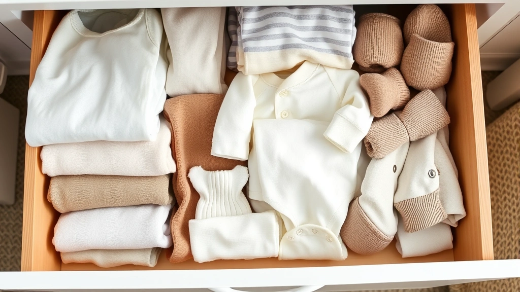 Organized nursery drawer showing neatly folded newborn clothing in natural fabrics, cotton onesies, sleep sacks, and mittens arranged by size, soft morning light