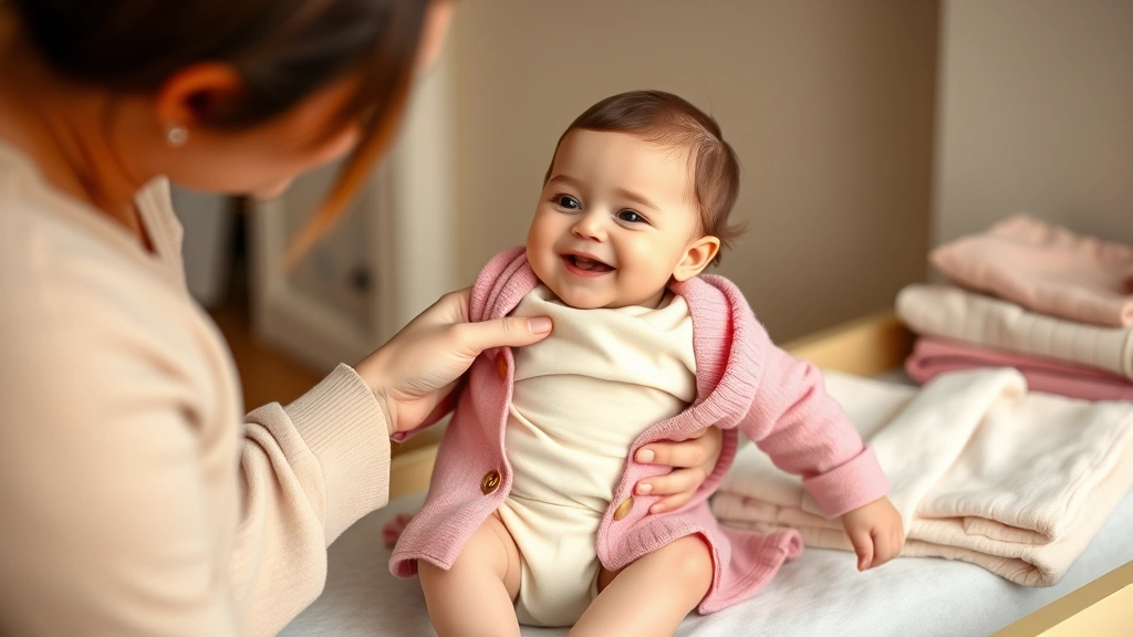 Parent carefully dressing smiling newborn girl in cream-colored bodysuit and soft pink cardigan, changing table with folded clothes nearby, warm indoor lighting