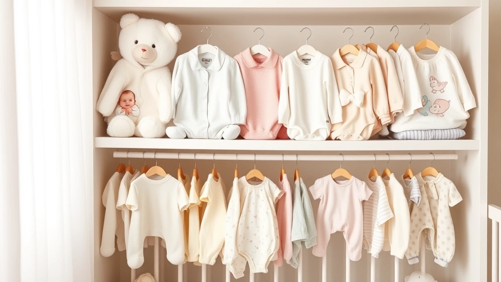 Collection of organized newborn girl clothes in neutral colors arranged on nursery shelf, soft whites creams and pale pinks, cozy nursery setting with natural light
