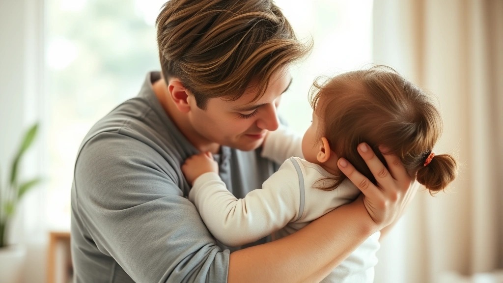 Parent holding toddler close with gentle, comforting embrace, soft natural lighting, warm indoor setting, showing emotional connection and security