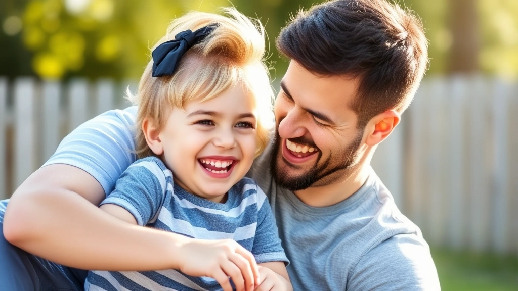 Father and young child laughing together during outdoor playtime, natural sunlight, warm family bonding moment, genuine happiness
