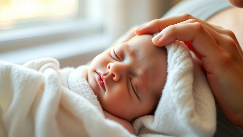 Close-up of newborn baby sleeping peacefully wrapped in soft white blanket, parent's hand gently touching baby's head, warm natural window light creating soft shadows, intimate parenting moment