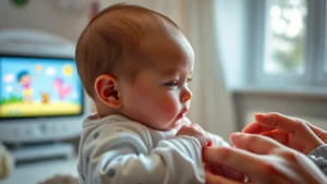 Newborn baby in soft lighting looking at colorful moving animation on screen, parent's gentle hand visible, calm nursery setting with natural window light
