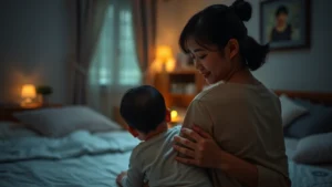 Asian mother gently patting baby's back in dimly lit bedroom with soft lighting, warm and nurturing environment, multi-generational home setting visible