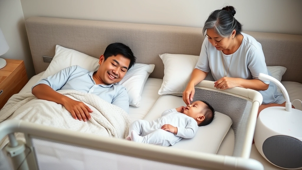 Father and grandmother watching peacefully sleeping Asian infant in safety-approved crib beside parental bed, showing room-sharing setup with white noise machine