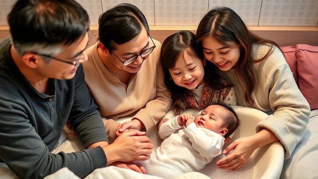 Multi-generational Asian family establishing consistent bedtime routine with baby, warm bath and traditional lullabies, cultural comfort and modern safety combined