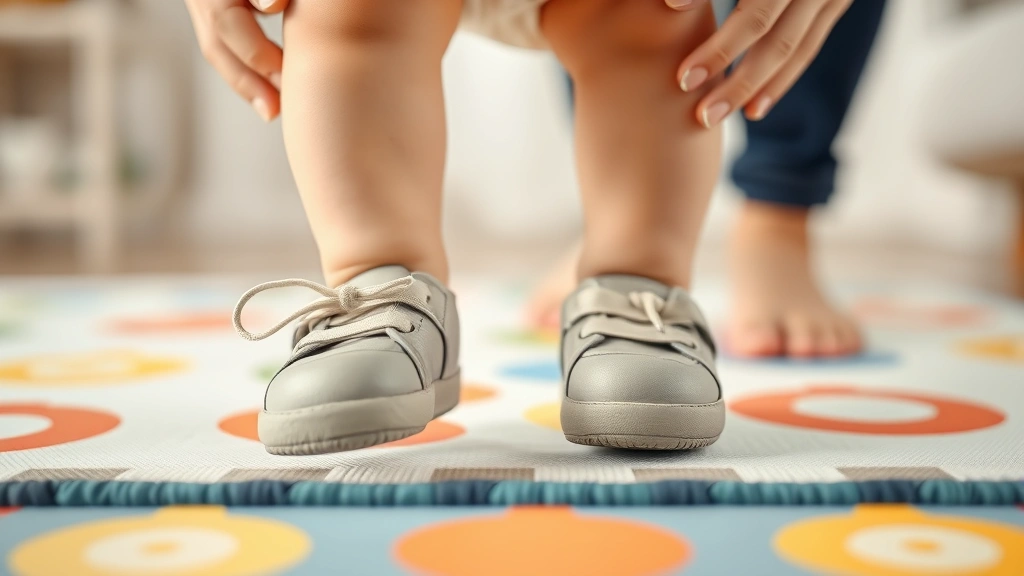 Close-up of baby's feet in soft-soled shoes walking on safe play mat with parent's hands nearby for support, warm natural lighting