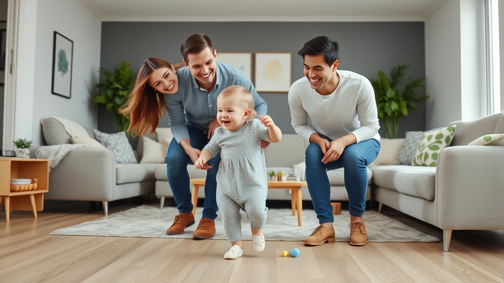 Cheerful family celebrating toddler's first independent steps with genuine joy and enthusiasm, modern living room setting with childproofed furniture