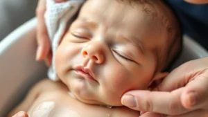 Peaceful newborn baby's face during gentle cleansing with soft cloth and warm water, parent's caring hands visible, soft natural lighting, close-up detail