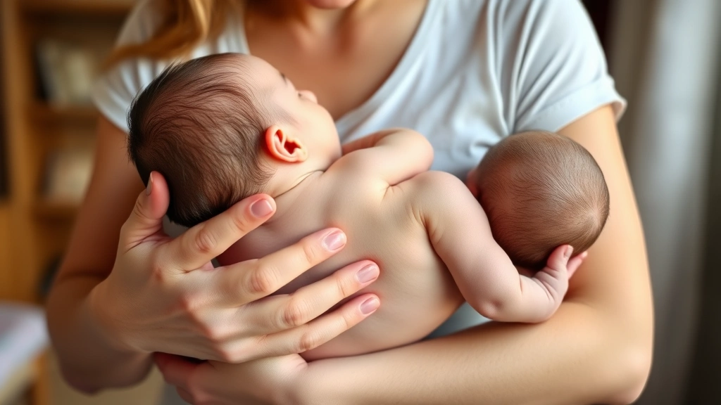 Mother holding newborn against chest, baby's clear skin visible, warm embrace showing gentle parenting care, soft indoor lighting, emotional connection