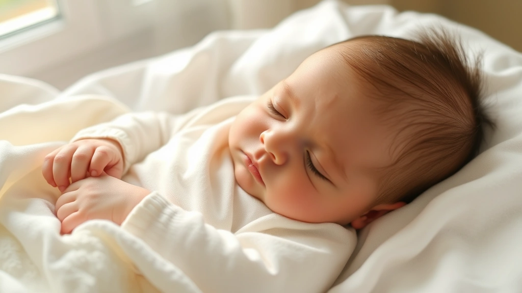 Infant sleeping peacefully in clean cotton bedding, fresh laundered fabrics surrounding baby, serene nursery environment, soft morning light through window