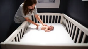 Peaceful nursery with soft lighting, parent gently placing sleeping infant in crib on back, white fitted sheet, dark walls, calm atmosphere, warm family moment