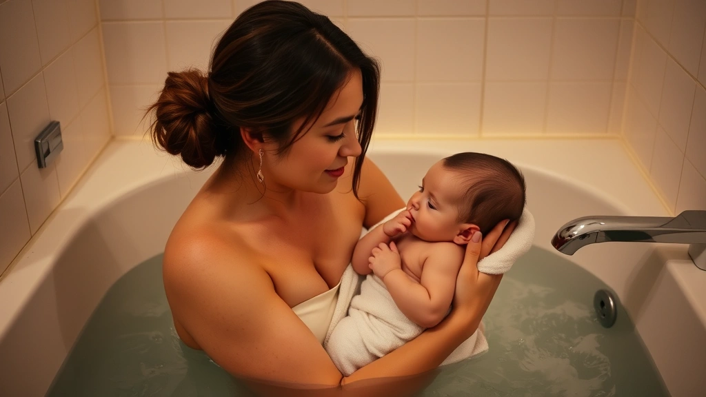 Mother and baby during evening bedtime routine, warm bath water, gentle interaction, parent holding infant wrapped in towel, soft bathroom lighting, bonding moment