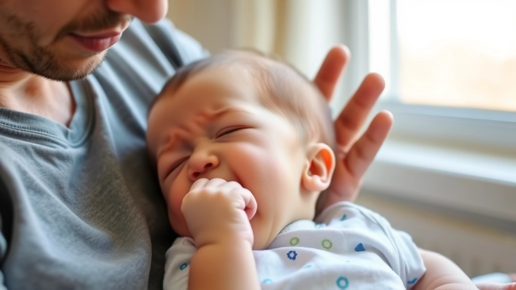 Tired baby showing sleep cues, rubbing eyes with small fist, yawning widely, parent observing carefully, natural daylight from window, attentive caregiving scene