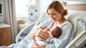 New mother holding newborn baby close, tender moment in hospital room, soft natural lighting, genuine emotion, parents smiling at infant