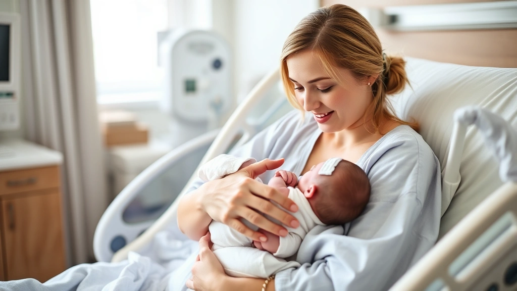 New mother holding newborn baby close, tender moment in hospital room, soft natural lighting, genuine emotion, parents smiling at infant
