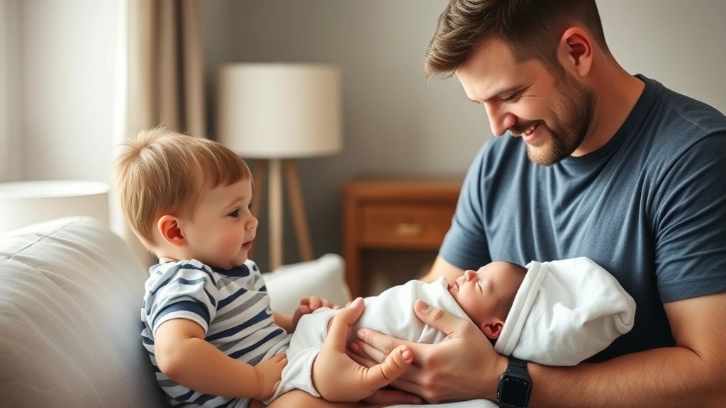 Father and older sibling meeting newborn for first time, big brother looking amazed at baby, family bonding moment, warm home setting