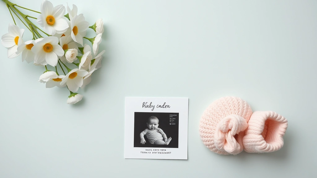Flat lay arrangement of baby announcement items: ultrasound photo, birth announcement card, baby booties, flowers, soft pastel colors, overhead shot