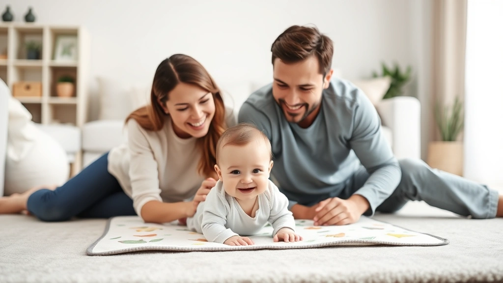 First-time parents doing tummy time with smiling infant on play mat, engaging with baby, joyful family interaction in bright living room