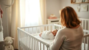 Peaceful nursery with soft lighting, sleeping newborn on back in safe crib, calm parent watching nearby, gentle and secure atmosphere