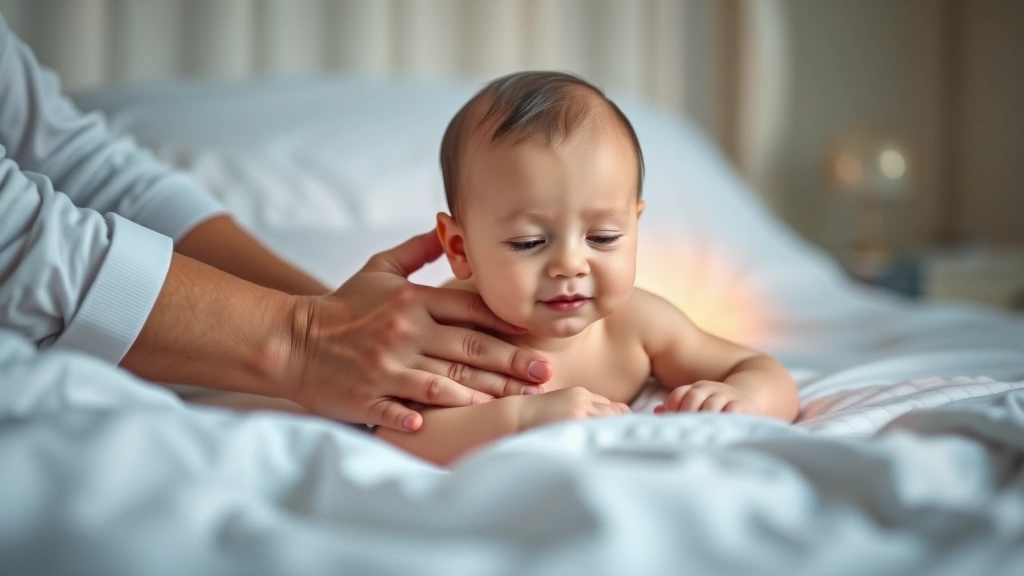 Parent performing gentle baby massage during bedtime routine, warm lighting, calm expression, bonding moment before sleep