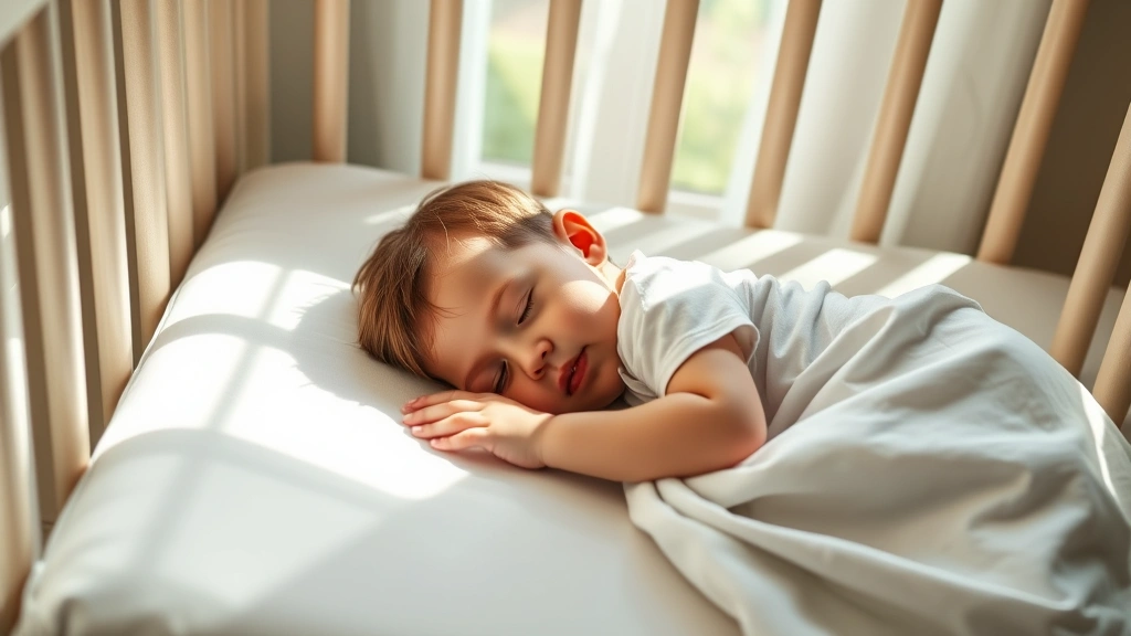 Toddler sleeping peacefully in crib, natural morning light, comfortable sleep environment, safe sleep setup with firm mattress and fitted sheet