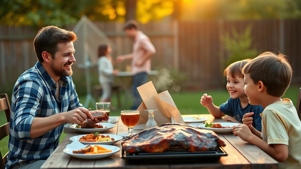 Father and young children enjoying grilled baby back ribs together at outdoor family dinner table, smiling and bonding over meal, warm golden hour lighting