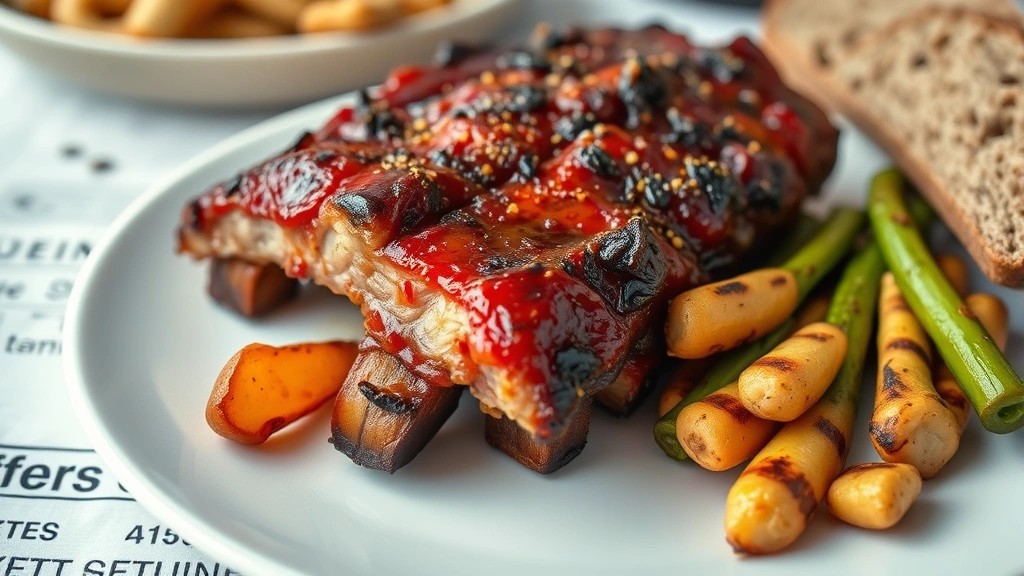 Close-up of cooked, seasoned baby back ribs on white plate with grilled vegetables and whole grain bread, nutritious family dinner presentation