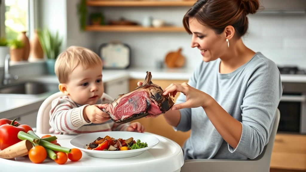 Mother serving tender deboned rib meat to toddler in high chair, teaching healthy eating habits, bright kitchen setting with fresh vegetables nearby