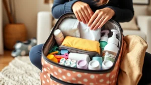 Mother packing organized diaper bag with colorful supplies, diapers, bottles and wipes visible, neutral home background, warm natural lighting