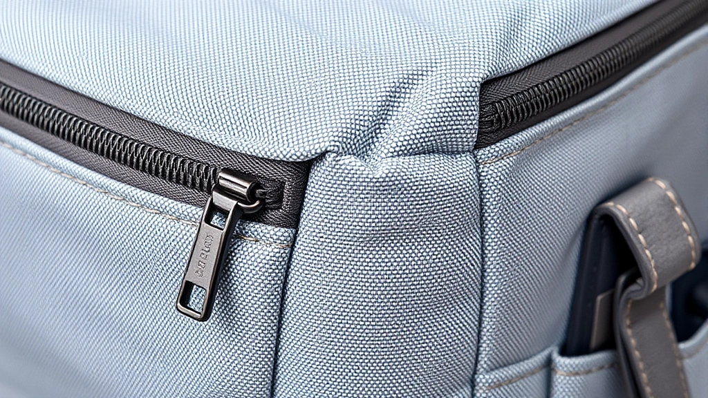 Close-up of quality diaper bag materials showing reinforced stitching, durable zippers, water-resistant fabric texture, professional product photography