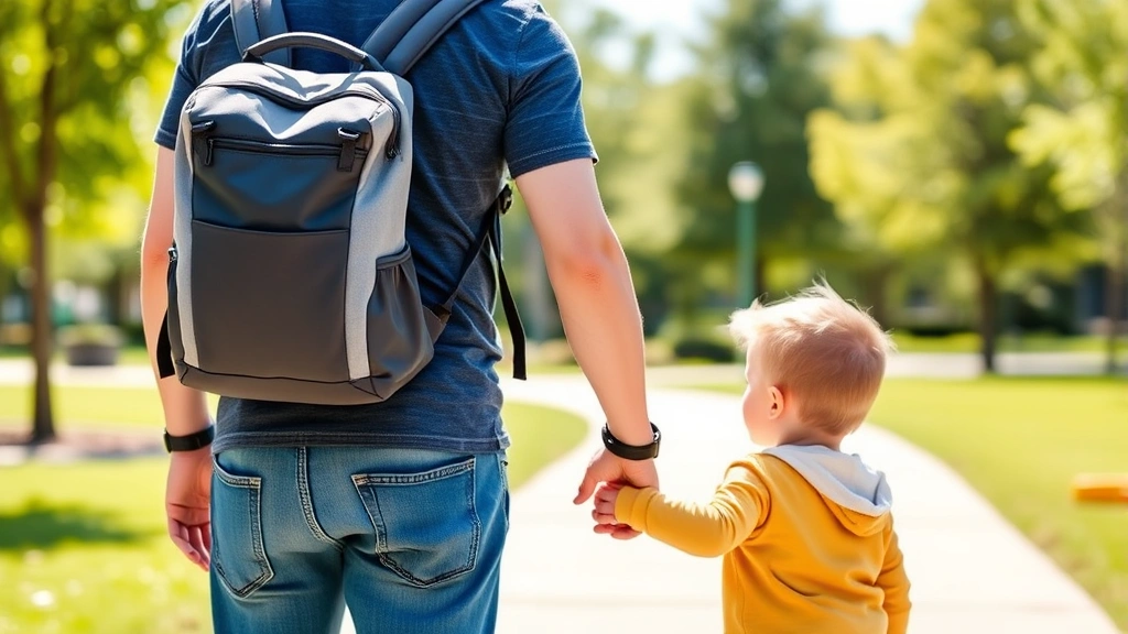 Dad wearing comfortable padded-strap baby backpack while holding toddler's hand, modern park setting, bright daylight, candid family moment