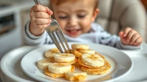 Close-up of soft, golden baby banana pancakes cut into small pieces on a white plate, with a smiling 10-month-old baby in high chair reaching toward fork, natural kitchen lighting