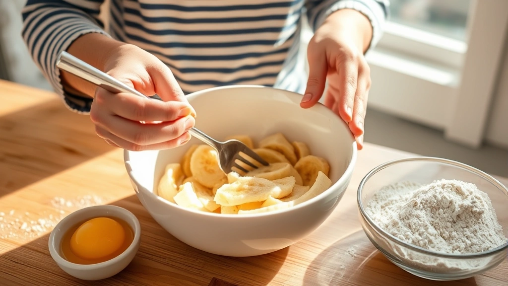 Parent's hands mashing ripe banana in white bowl with fork, egg nearby, whole wheat flour visible, bright daylight from kitchen window