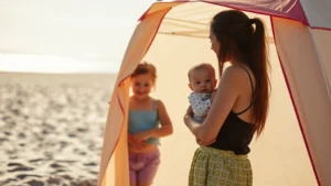 Young mother setting up protective beach tent with infant in arms on sandy beach, golden sunlight, family enjoying shade safely