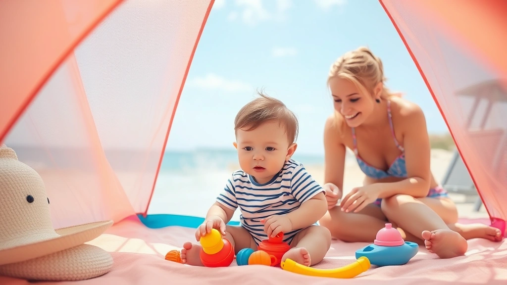 Close-up of baby sitting safely inside mesh beach tent, playing with toys, parent visible through transparent panels supervising