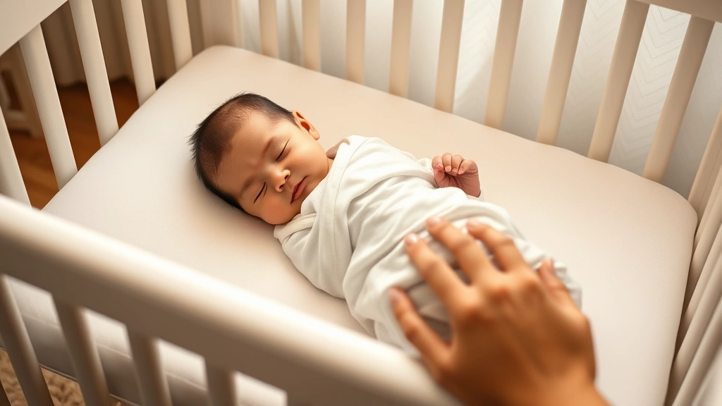 Newborn baby peacefully sleeping in white crib with soft fitted sheet, parent's gentle hand resting nearby, warm soft nursery lighting creating calm atmosphere