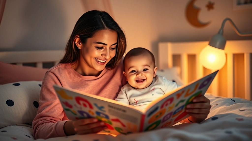 Parent reading colorful bedtime story book to happy smiling baby in cozy nursery with soft warm lamplight, gentle bonding moment showing love and connection