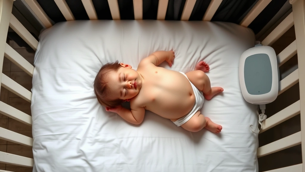 Overhead view of peaceful infant sleeping on back in safe crib with white bedding, blackout curtains visible, ideal sleep environment setup with white noise machine
