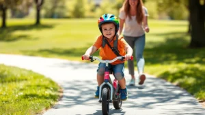 Happy toddler riding balance bike on sunny park path, wearing colorful helmet and protective gear, parent walking alongside, green grass and trees background